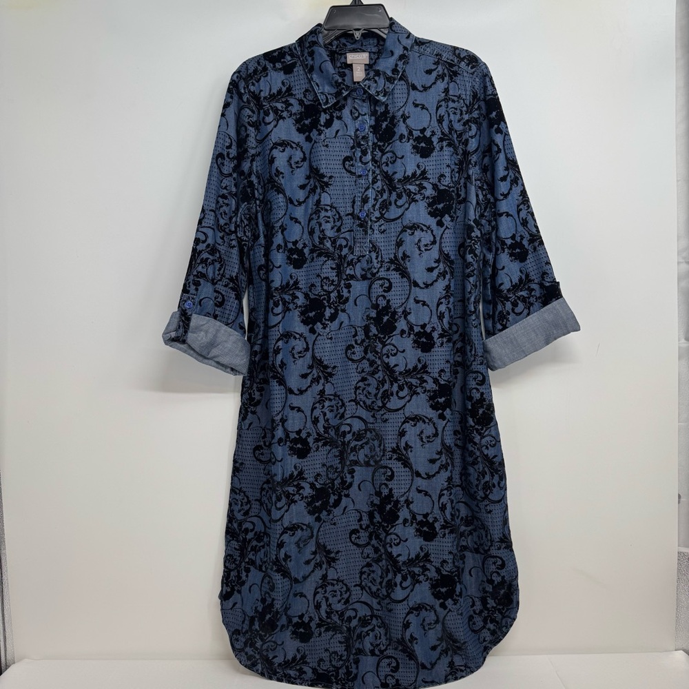 NWT Chico’s Decorative Scrolls Size 2 Blue Midi Shirt Dress Chambray Pockets